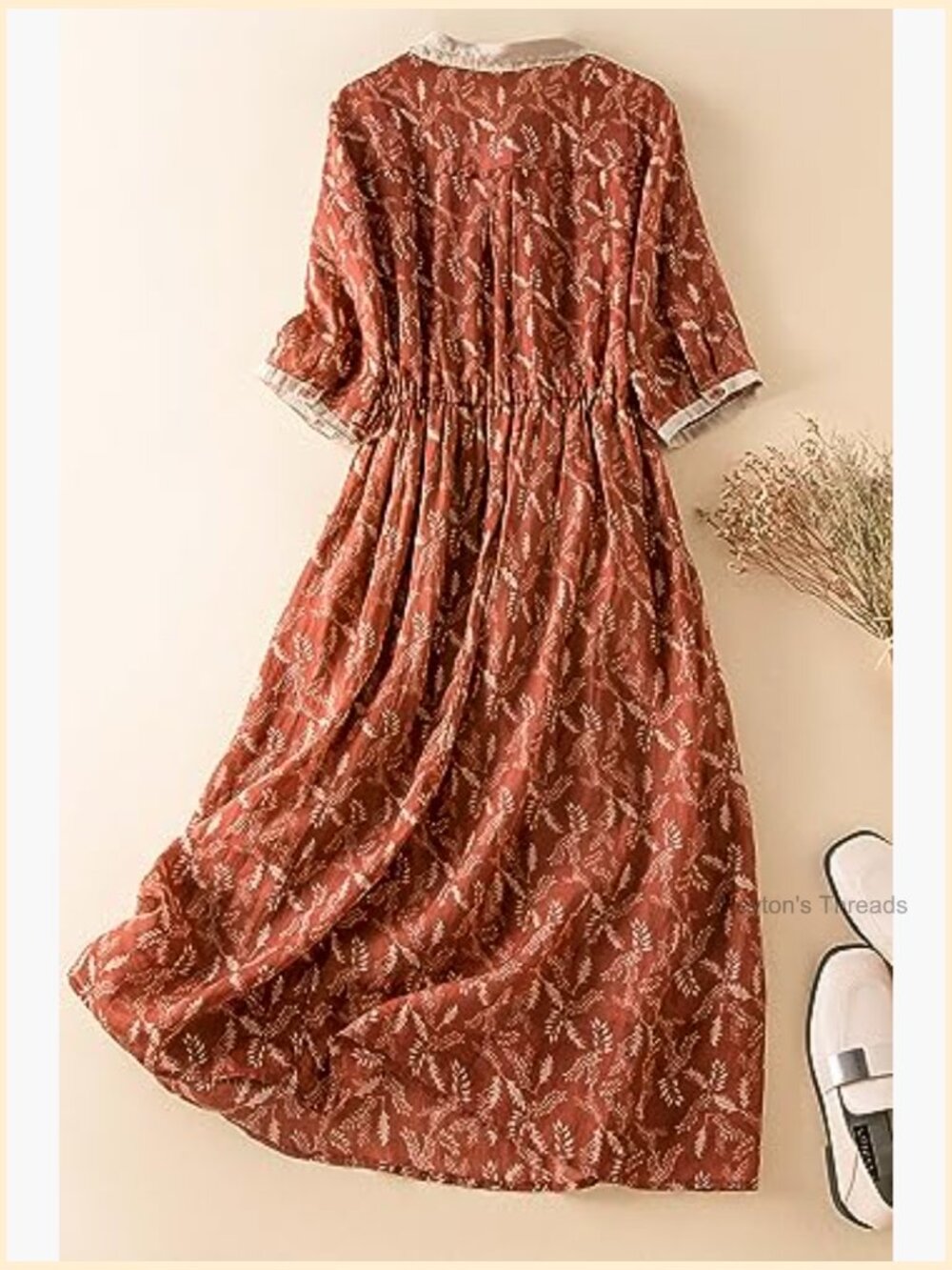 V Neck Drawstring Waist Midi Dress with Pockets Loose Button Up - Picture 4 of 4